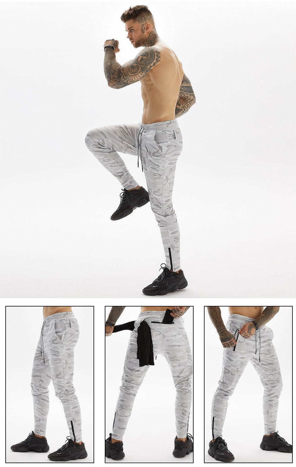 Jogging premium tapered camouflé blanc pour crossfit, calisthenics ou fitness