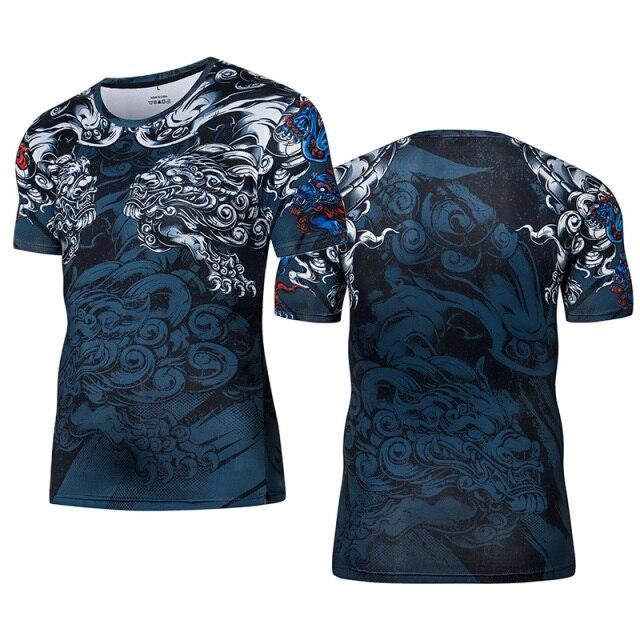 T-Shirt ajusté à manches courtes motif asiatique bleu pour MMA ou fitness