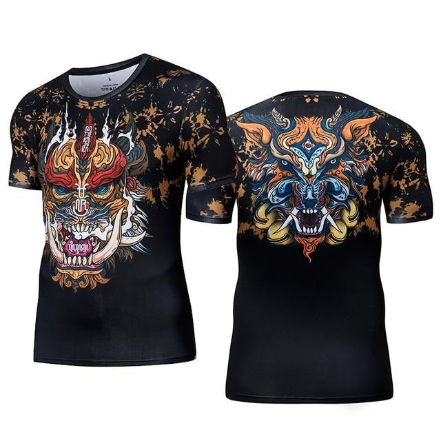 T-Shirt ajusté à manches courtes motif démon orange pour MMA ou fitness