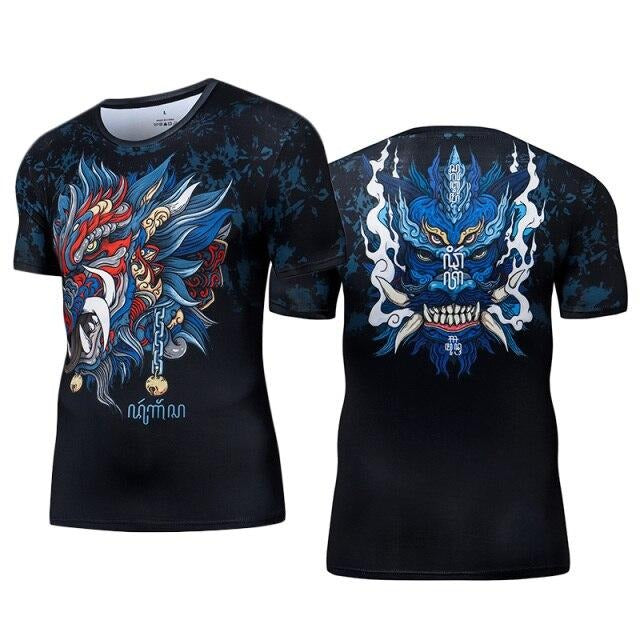 T-Shirt ajusté à manches courtes motif démon bleu pour MMA ou fitness
