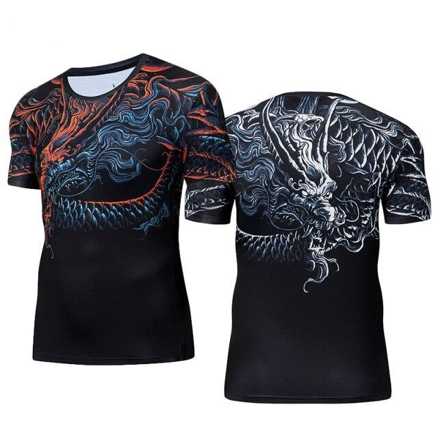 T-Shirt ajusté à manches courtes motif dragon rouge et bleu pour MMA ou fitness