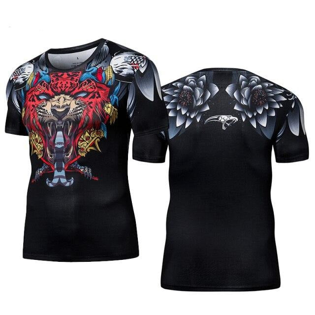 T-Shirt ajusté à manches courtes motif tête de félin rouge pour MMA ou fitness