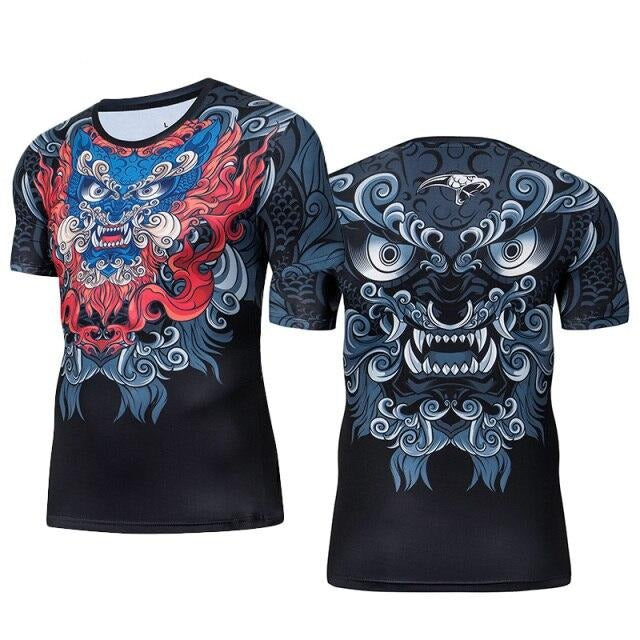 T-Shirt ajusté à manches courtes motif démon bleu et rouge pour MMA ou fitness