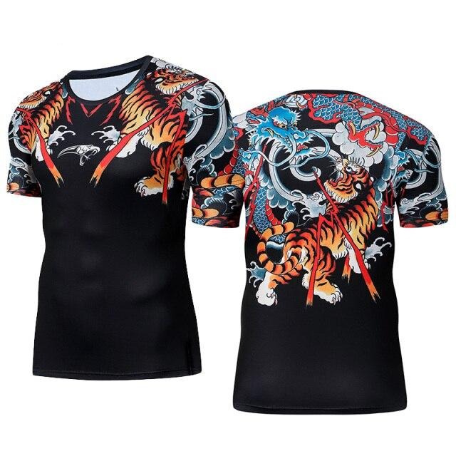 T-Shirt ajusté à manches courtes motif tigres et dragons pour MMA ou fitness