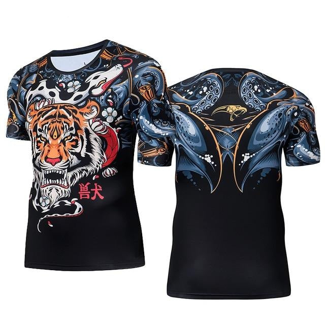 T-Shirt ajusté à manches courtes motif tête de tigre pour MMA ou fitness