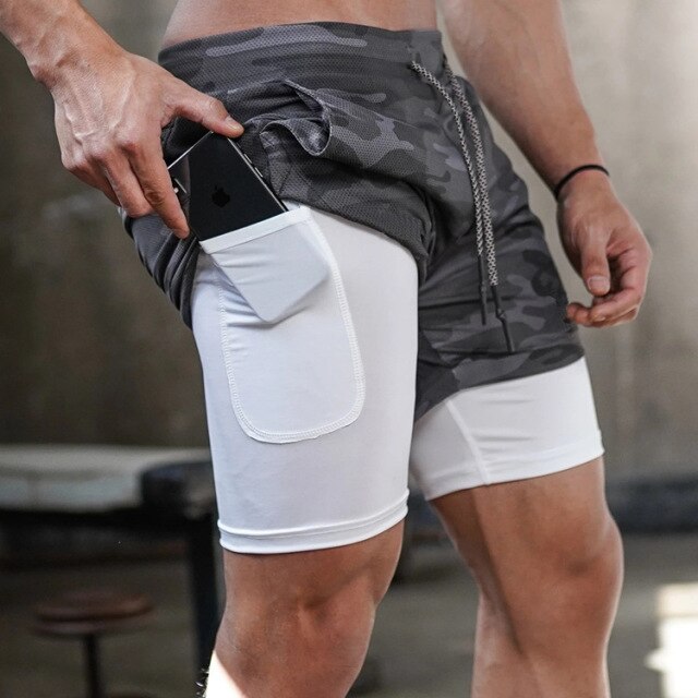 Short court 2 en 1 camouflé gris et blanc pour crossfit, calisthenics ou fitness