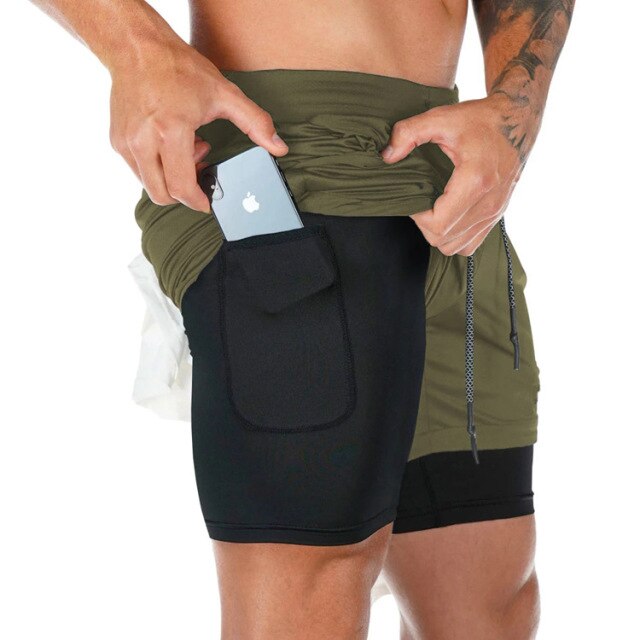 Short court 2 en 1 vert kaki et noir pour crossfit, calisthenics ou fitness