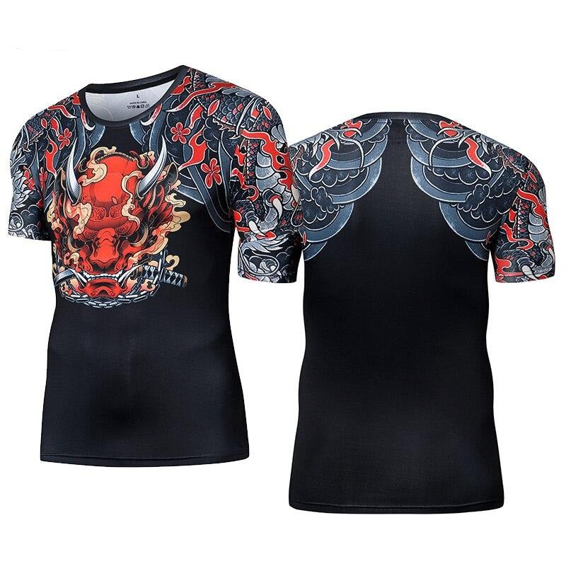 T-Shirt ajusté à manches courtes motif démon chinois pour MMA ou fitness