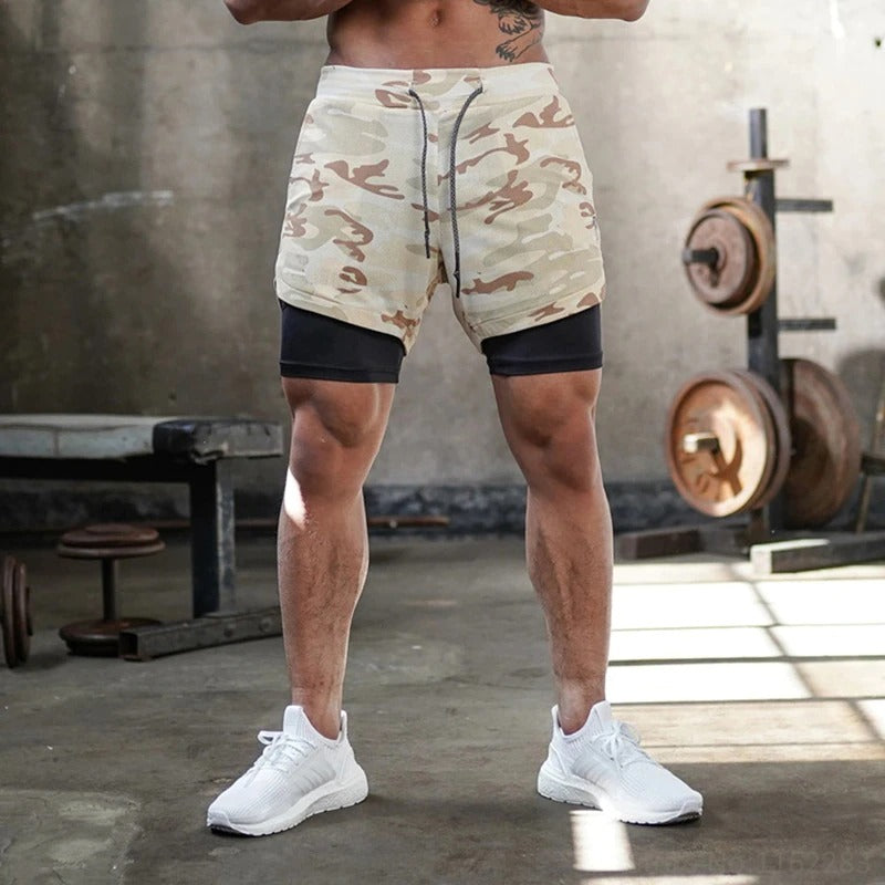 Short court 2 en 1 camouflé beige et noir pour crossfit, calisthenics ou fitness