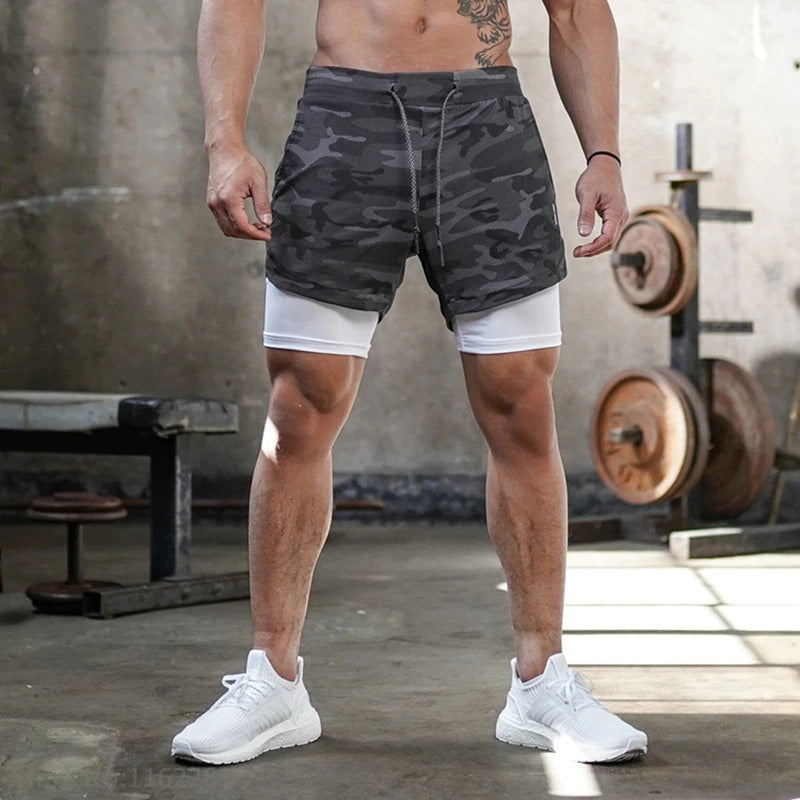 Short court 2 en 1 camouflé gris et blanc pour crossfit, calisthenics ou fitness