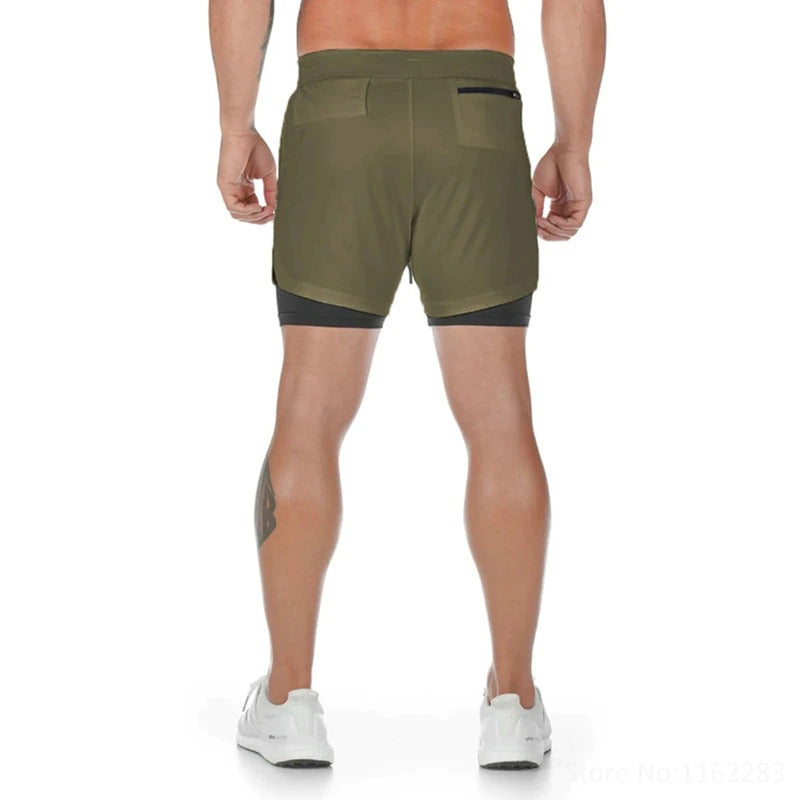 Short court 2 en 1 vert kaki et noir pour crossfit, calisthenics ou fitness