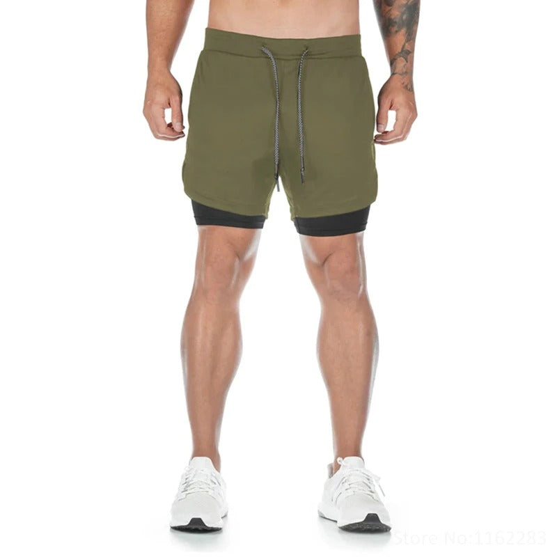 Short court 2 en 1 vert kaki et noir pour crossfit, calisthenics ou fitness